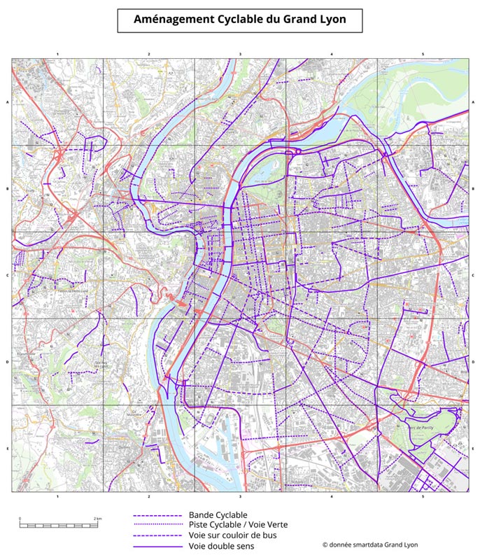 Aménagement cyclable (données Shape) sur l'agglomération Lyonnaise