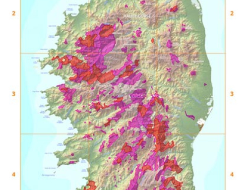 Forêts Corse sur carte hypsométrique (données Shape)